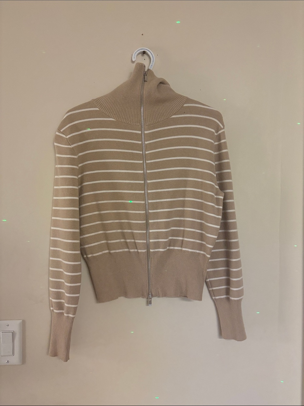 Beige and White Striped Zip-Up Turtleneck Sweater